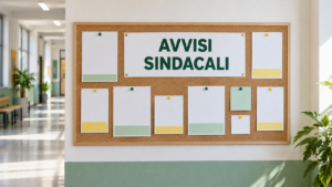 Bacheca in un corridoio scolastico con la scritta Avvisi sindacali.