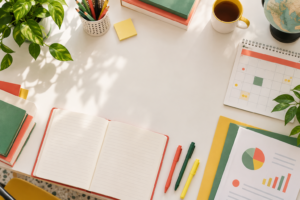 Scrivania con quaderno, calendario e documenti dedicati alle notizie sul nuovo anno scolastico.